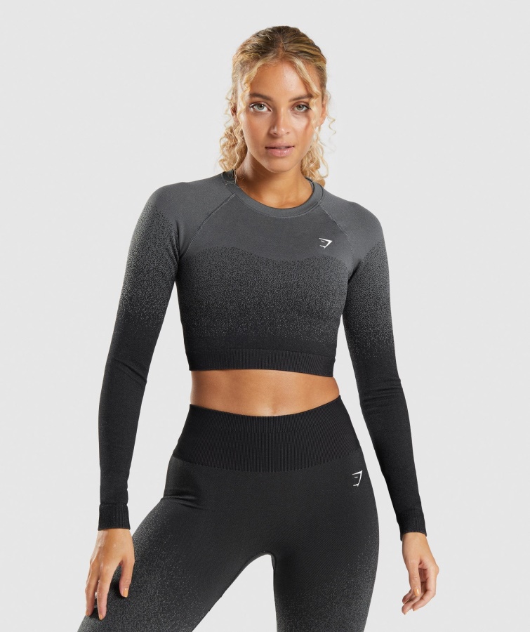 Crop Top Cu Mânecă Lungă Adapt Ombre Negru-gri Gymshark