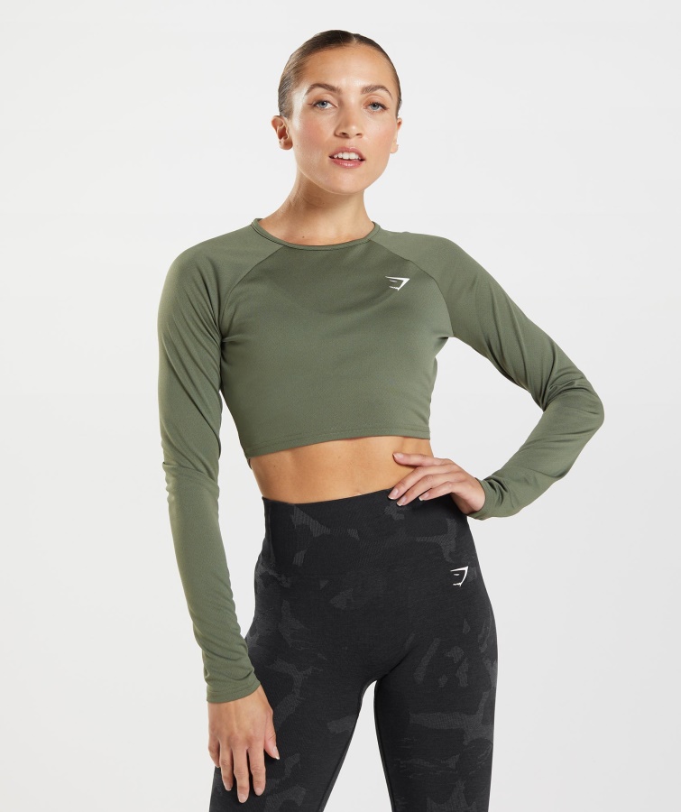 Top Crop Cu Mânecă Lungă Pentru Antrenament Gymshark Core Olive