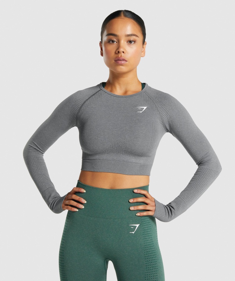 Crop Top Cu Mânecă Lungă Gymshark, Gri Marn Vital, Fără Cusături